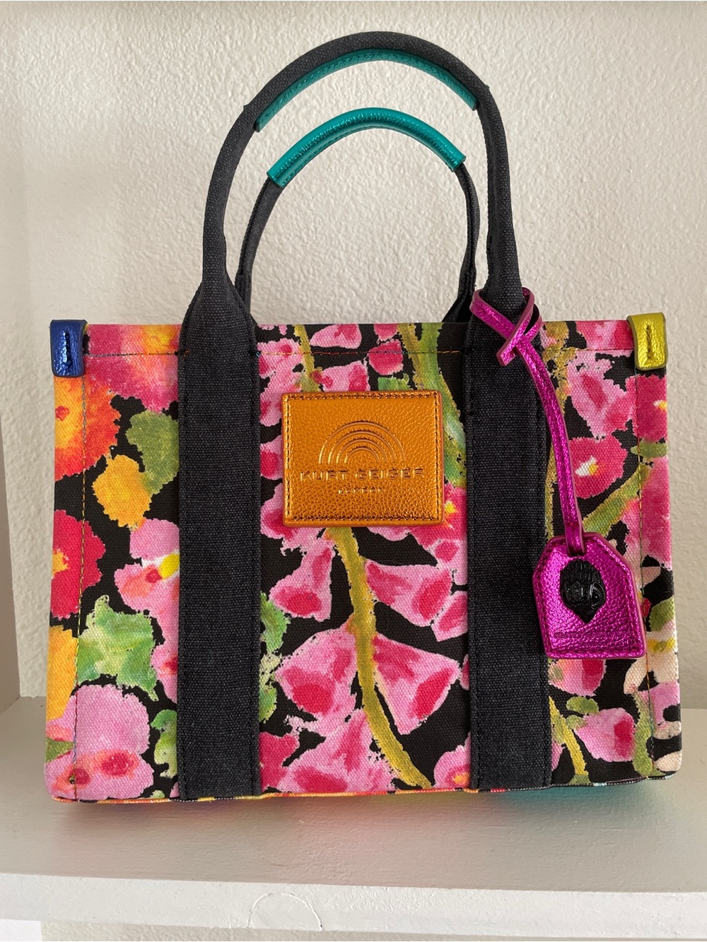 Kurt Geiger Pink Multi Floral Canvas Tote with Black Straps and Teal Handles